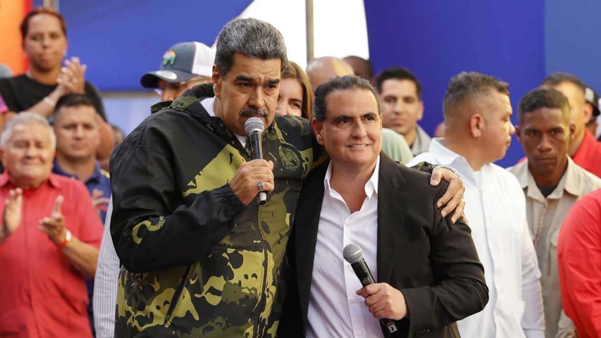 Venezuela's then-President Nicolas Maduro and Alex Saab during an event marking the anniversary of the 1958 coup that overthrew dictator Marcos Perez Jimenez, in Caracas, Jan. 23, 2024. Maduro said in a New York court on Thursday that new torture allegations against him are "false."