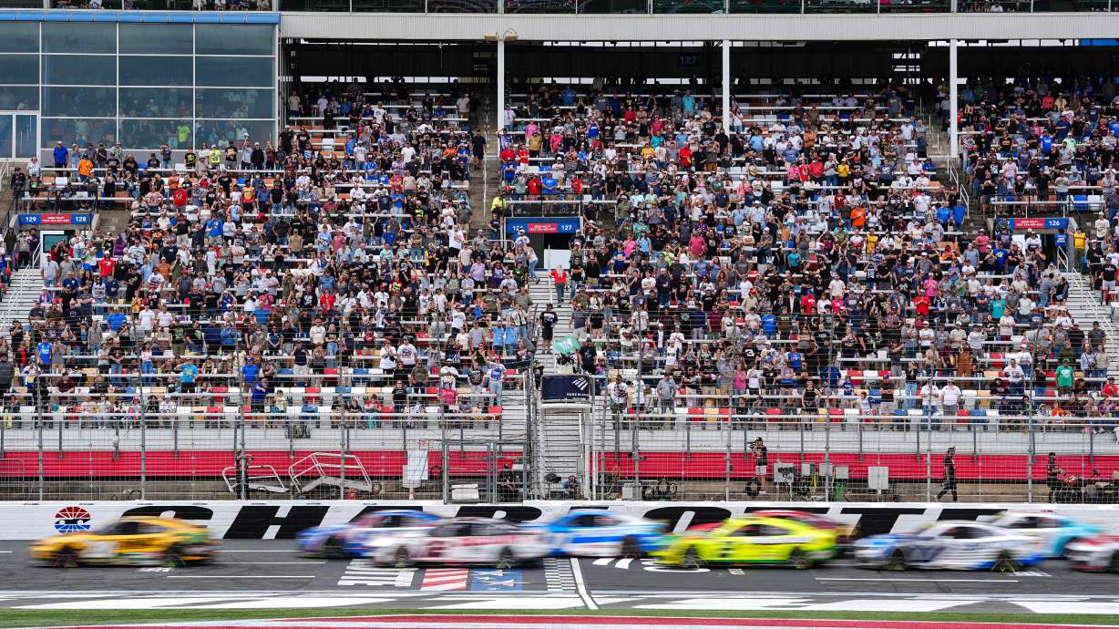 A pack of cars come to a green flag restart during a NASCAR Cup Series auto race, Sunday, Oct. 11, 2026, in Concord, N.C.