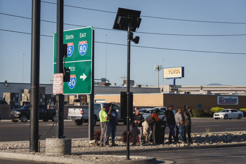 Flock Safety cameras are mounted on a pole in the parking lot of the Home Depot in Salt Lake City on Aug. 25.