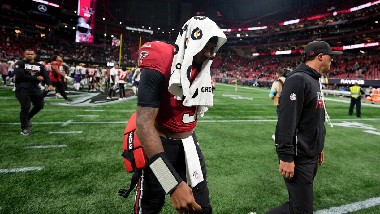 Atlanta Falcons quarterback Michael Penix Jr. walks off the field after a NFL football game against the Baltimore Ravens, Sunday, Oct. 11, 2026, in Atlanta.