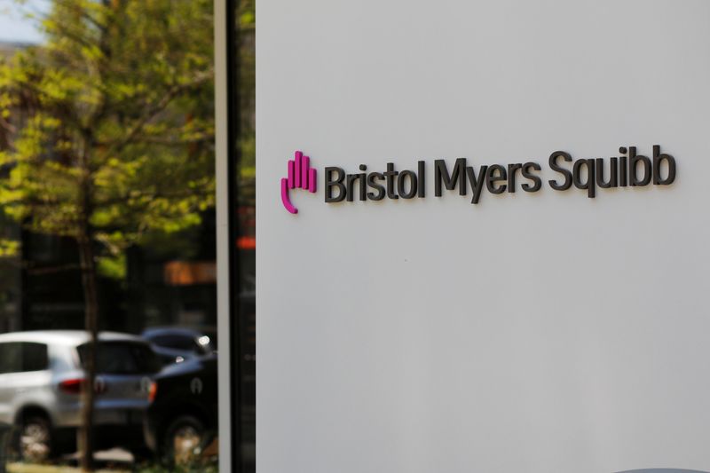 A sign stands outside a Bristol Myers Squibb facility in Cambridge, Massachusetts, U.S., May 20, 2021.