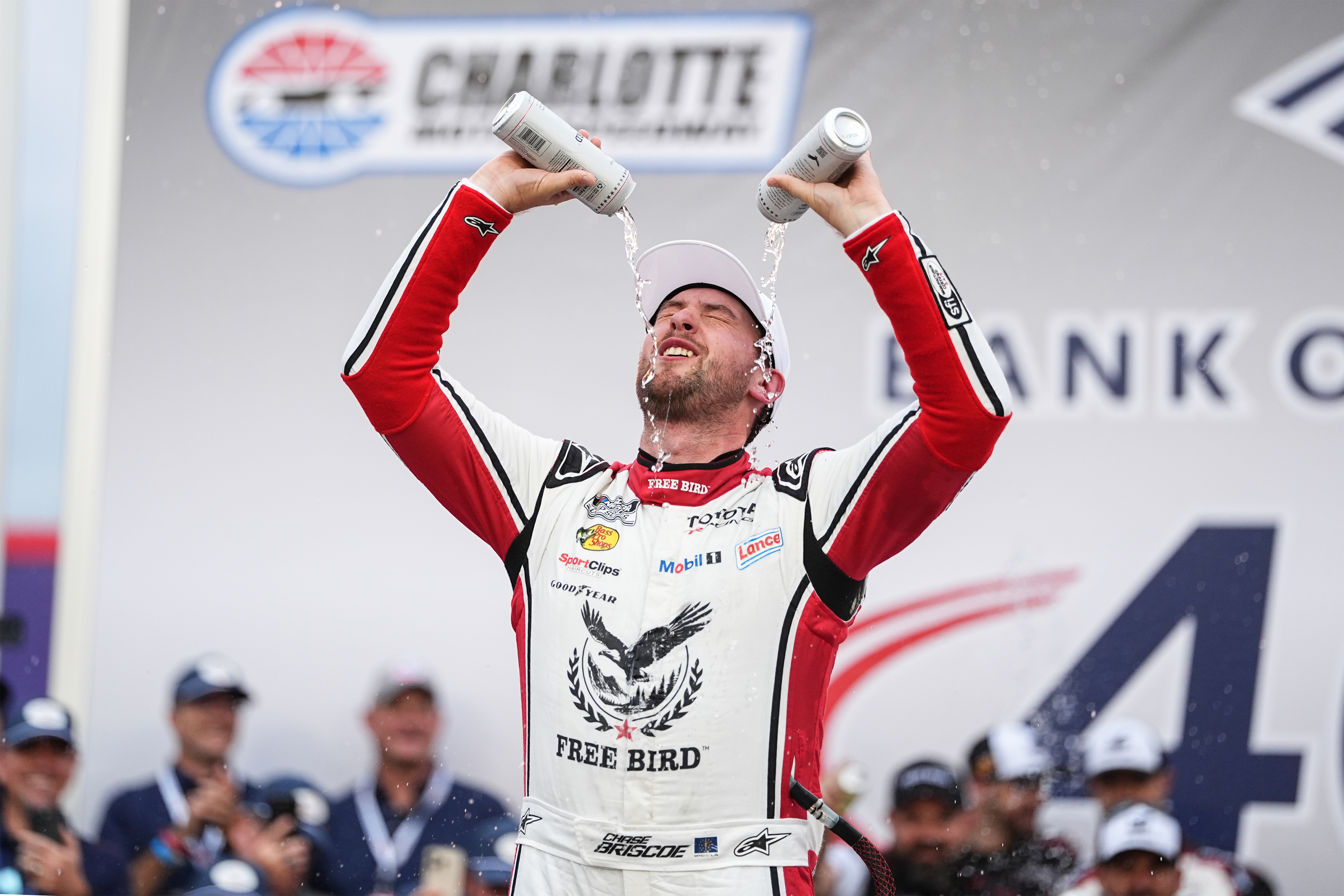 Chase Briscoe celebrates in Victory Lane after winning a NASCAR Cup Series auto race, Sunday, Oct. 11, 2026, in Concord, N.C. 