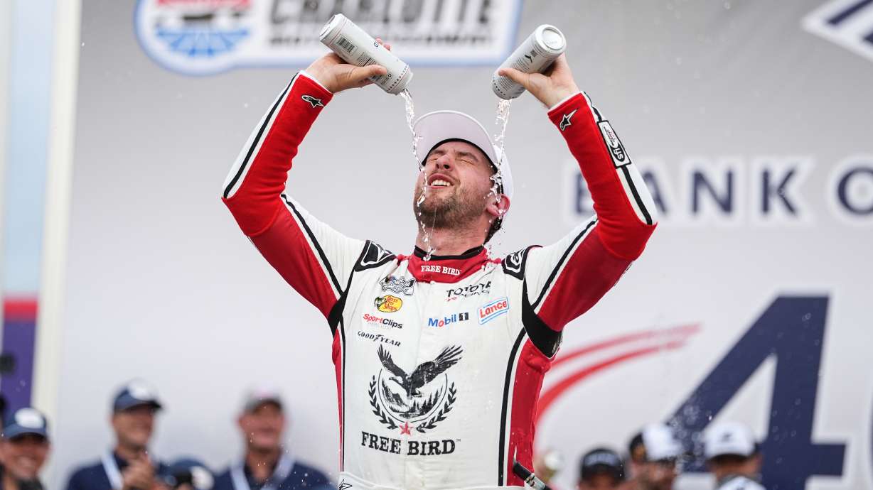 Chase Briscoe celebrates in Victory Lane after winning a NASCAR Cup Series auto race, Sunday, Oct. 11, 2026, in Concord, N.C.