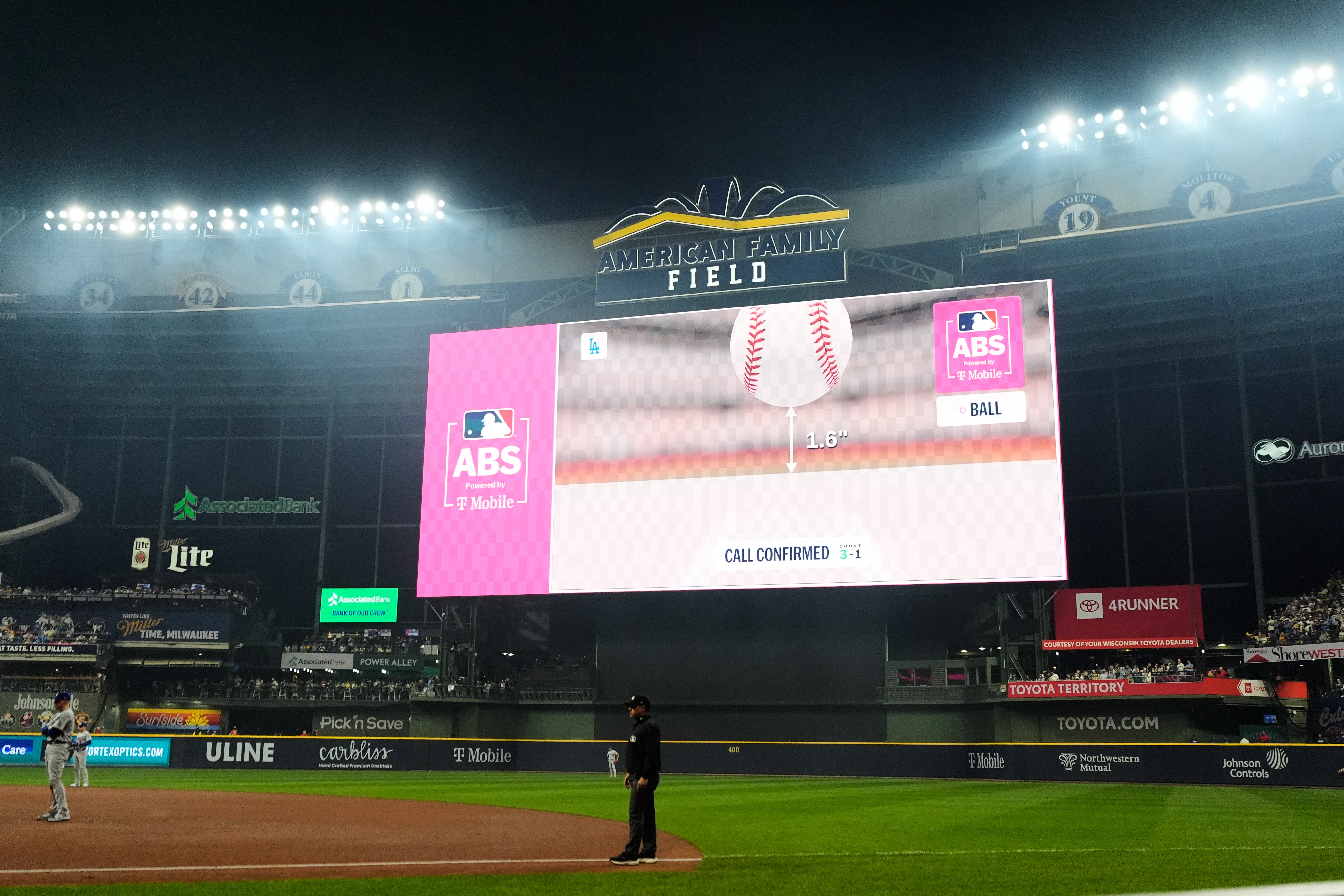 An ABS challenge rules that a pitch from Los Angeles Dodgers starting pitcher Tarik Skubal was a ball during the fourth inning of Game 1 of baseball's National League Championship Series between the Milwaukee Brewers and the Los Angeles Dodgers, Sunday, Oct. 11, 2026, in Milwaukee. 