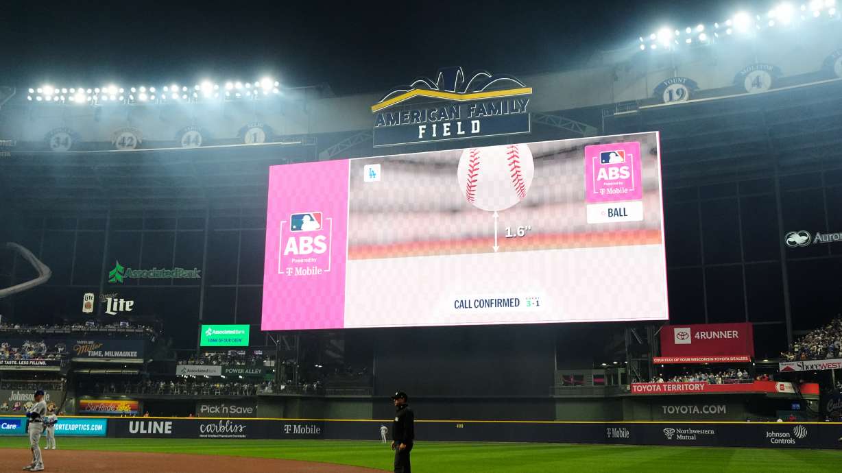 An ABS challenge rules that a pitch from Los Angeles Dodgers starting pitcher Tarik Skubal was a ball during the fourth inning of Game 1 of baseball's National League Championship Series between the Milwaukee Brewers and the Los Angeles Dodgers, Sunday, Oct. 11, 2026, in Milwaukee.