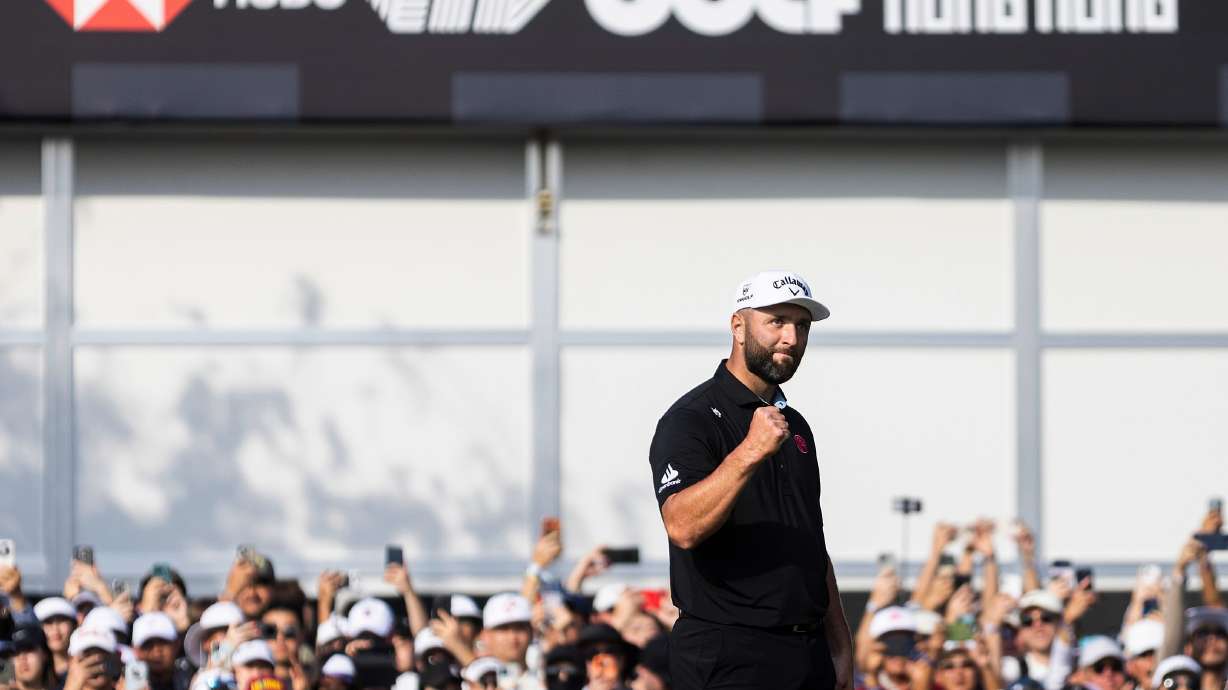 FILE - Captain Jon Rahm of Legion XIII celebrates after putting on the 18th hole green during the final round of HSBC LIV Golf Hong Kong at Hong Kong Golf Club Fanling, Sunday, March 8, 2026 in Hong Kong.