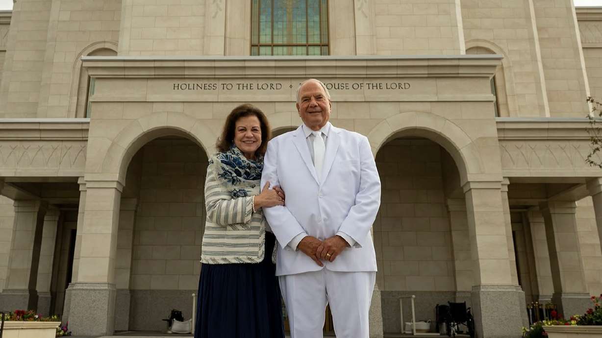 Elder Ronald A. Rasband, of the Quorum of the Twelve Apostles, with his wife Melanie, at the dedication of the Ephraim Utah Temple on Sunday.
