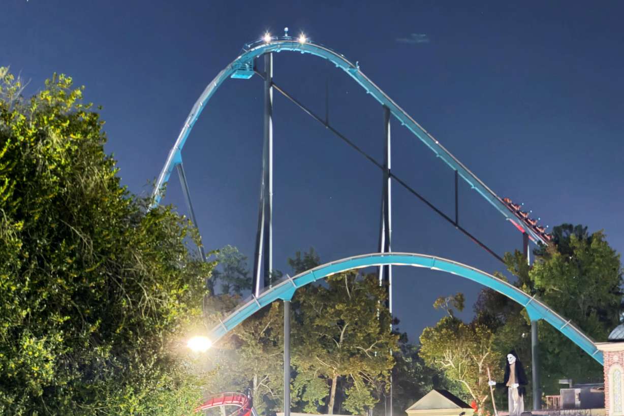 A roller coaster is shown at Six Flags Over Georgia on Monday in Austell, Ga.