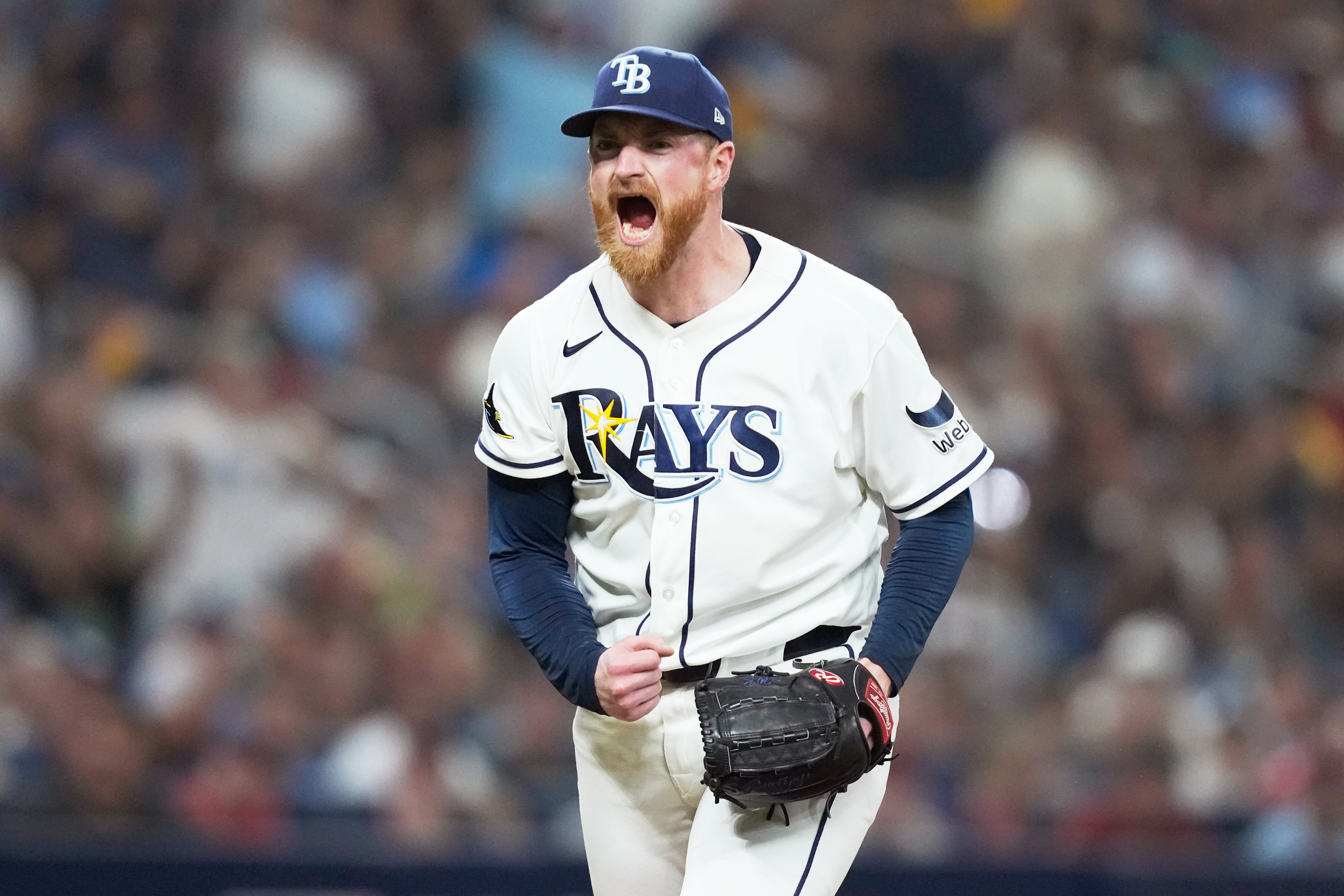 Tampa Bay Rays pitcher Drew Rasmussen celebrates after striking out Cleveland Guardians' José Ramírez during the fifth inning in Game 1 of an American League Championship Series baseball game in St. Petersburg, Fla. Monday, Oct. 12, 2026.