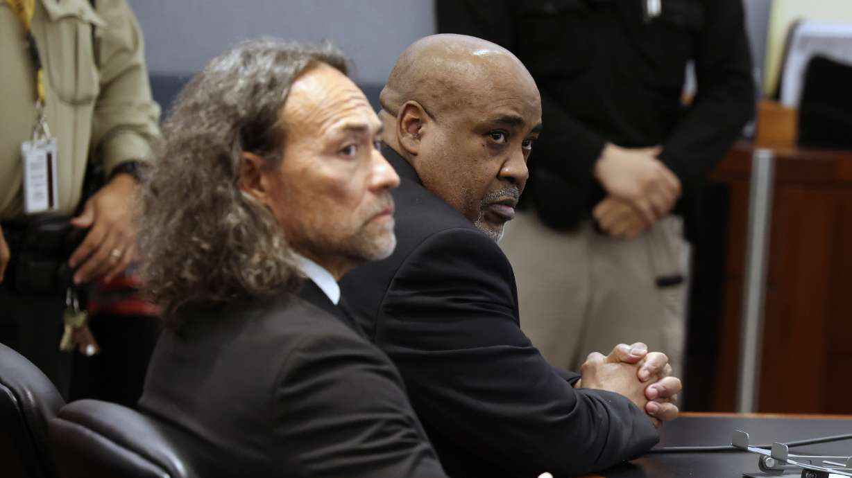 Duane Davis and his attorney Michael Sanft, after a jury found Davis guilty of first-degree murder in his trial related to the 1996 killing of rapper Tupac Shakur, at Clark County District Court Regional Justice Center on Aug. 31, in Las Vegas. Davis was sentenced to 40 years to life in prison on Tuesday.