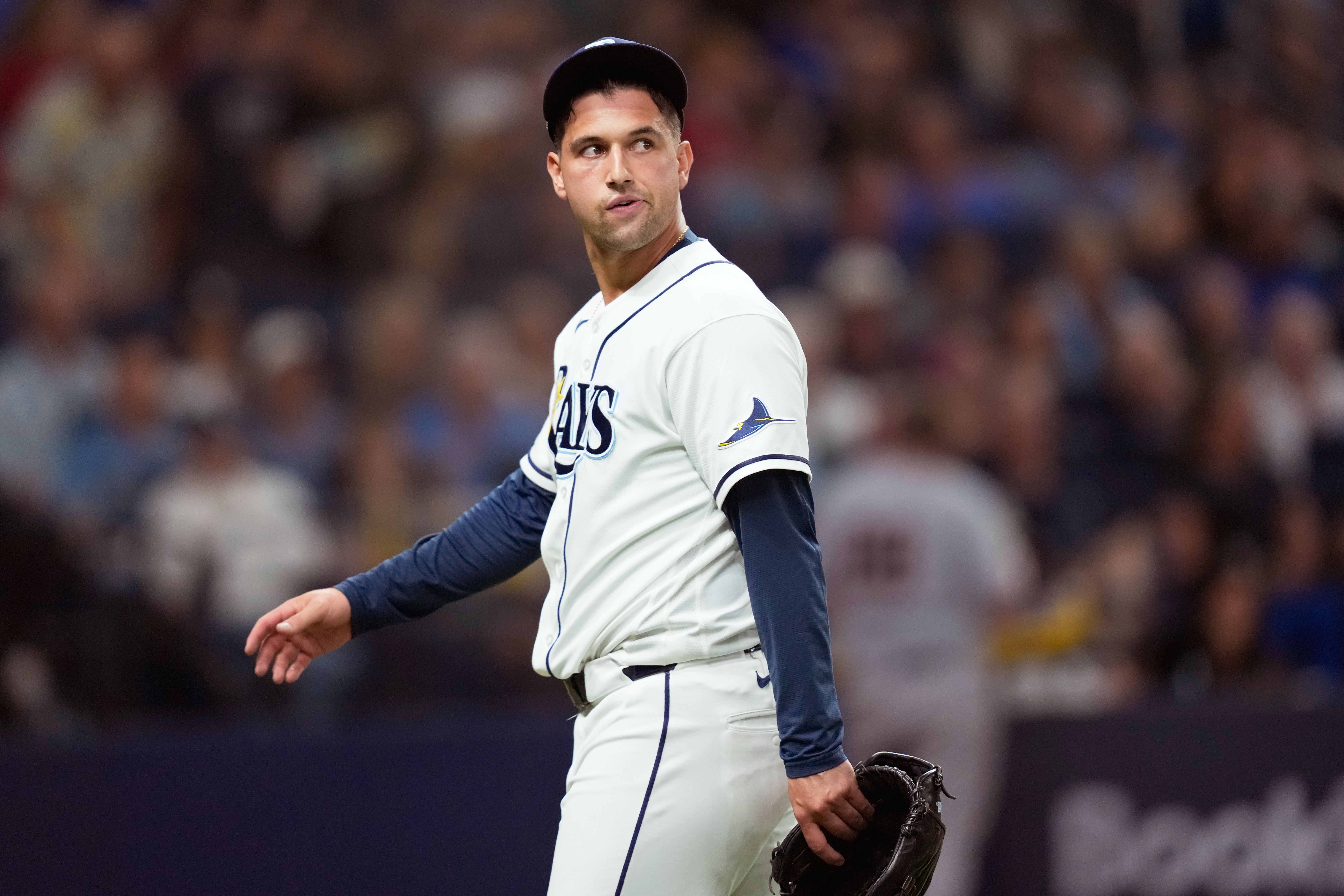 Tampa Bay Rays pitcher Ian Seymour reacts after giving up two runs against the Cleveland Guardians during the eighth inning in Game 1 of an American League Championship Series baseball game in St. Petersburg, Fla. Monday, Oct. 12, 2026. 
