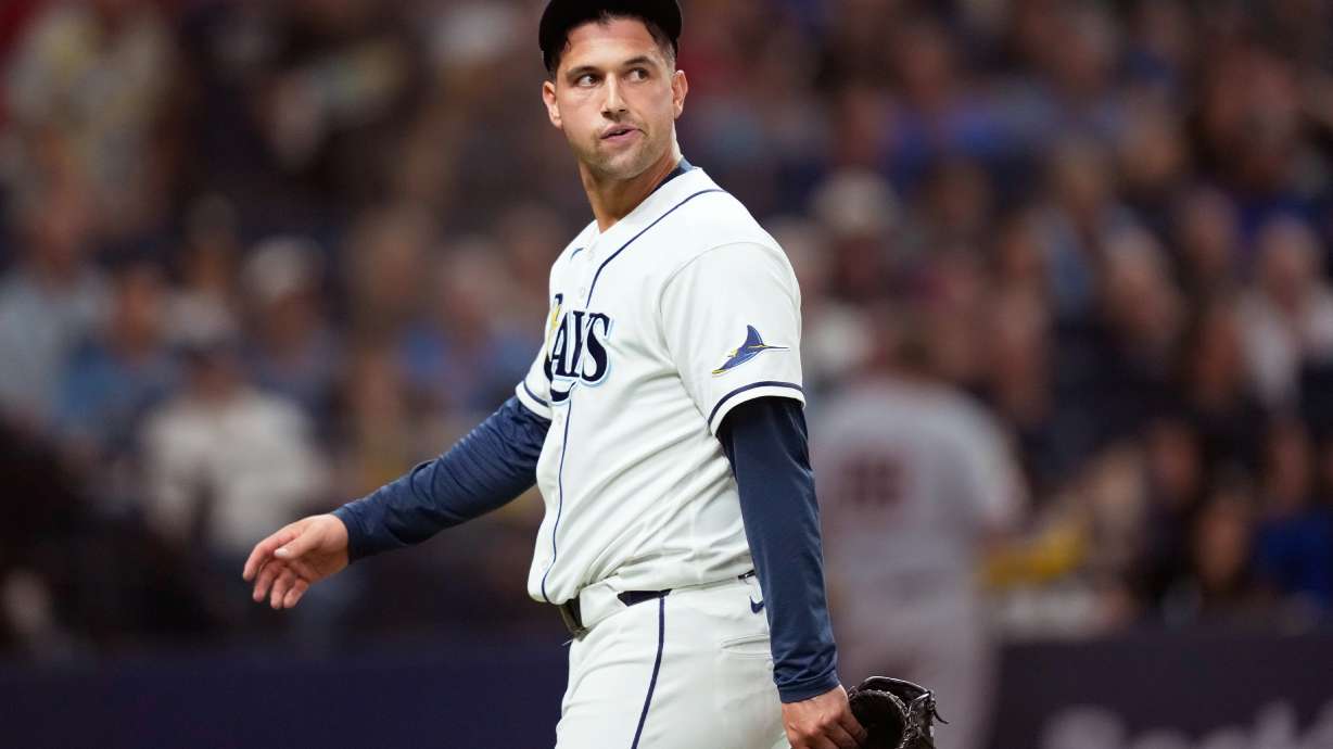 Tampa Bay Rays pitcher Ian Seymour reacts after giving up two runs against the Cleveland Guardians during the eighth inning in Game 1 of an American League Championship Series baseball game in St. Petersburg, Fla. Monday, Oct. 12, 2026.
