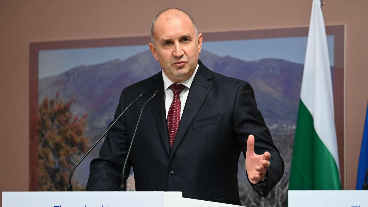 Bulgarian Prime Minister Rumen Radev speaks during a handover ceremony of the remains of medieval ruler Czar Samuel, in Thessaloniki, northern Greece, Oct. 3. Radev said on Tuesday that drones struck two ships in the Black Sea.