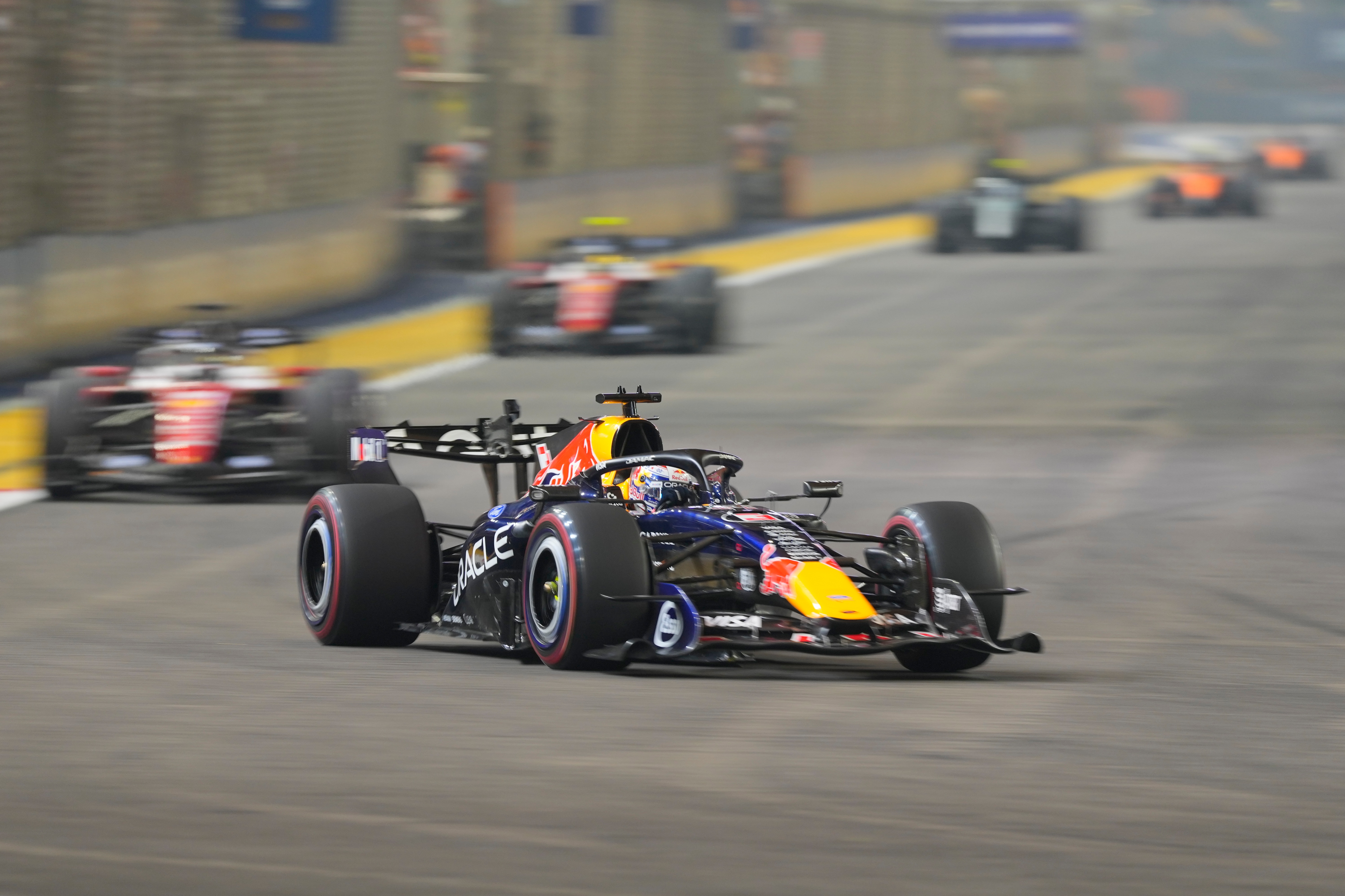 Red Bull driver Max Verstappen of the Netherlands steers his car during the Singapore Formula One Grand Prix race in Singapore, Sunday, Oct. 11, 2026. 