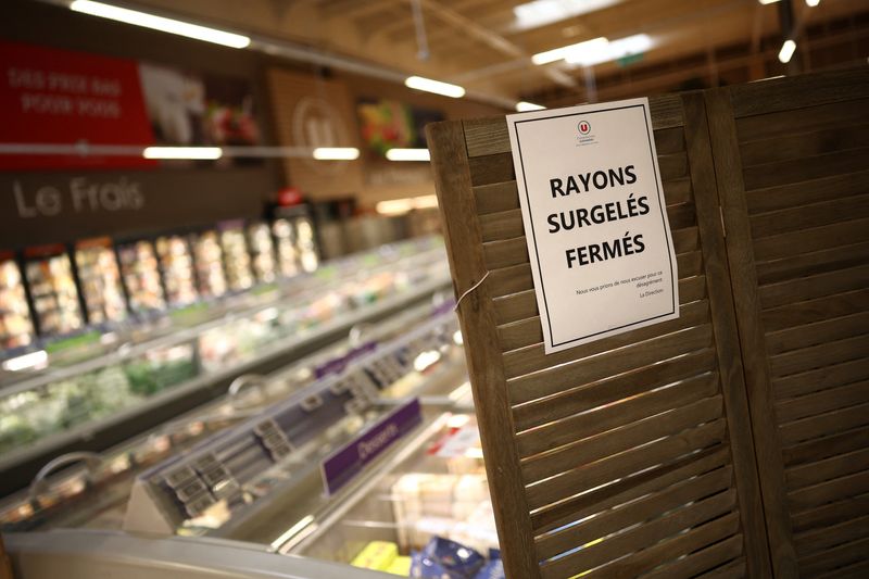 View of the closed frozen food aisle at a supermarket near Nantes after a cyberattack targeted refrigeration systems at French supermarket chains, causing food losses and fires at several stores, France, October 12, 2026.