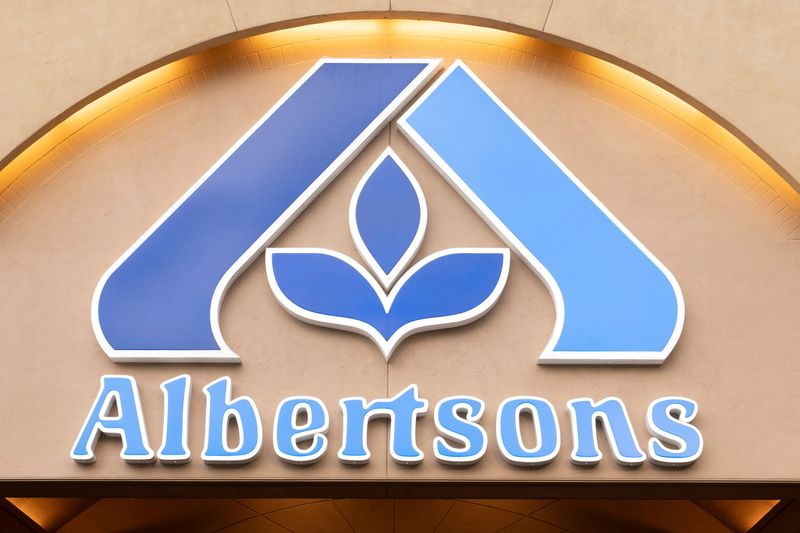 The logo of Albertsons supermarket as shoppers browse for groceries ahead of the Thanksgiving Day holiday in Redmond, Washington, U.S., November 24, 2025.