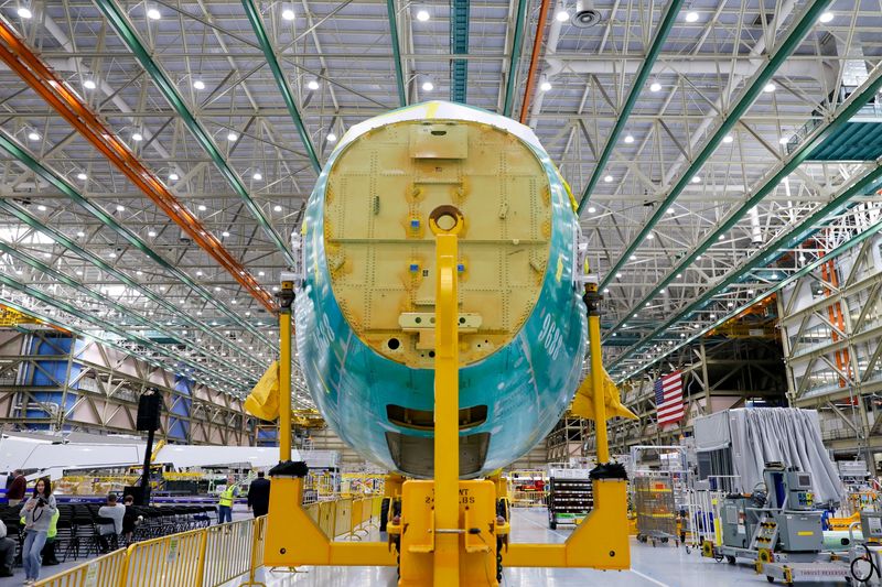 FILE PHOTO: The second 737 MAX to be manufactured in Everett rests on its dolly before the start of the grand opening of the new North Line at the Boeing Everett Factory in Everett, Washington, U.S., July 10, 2026.  Jennifer Buchanan/Seattle Times/