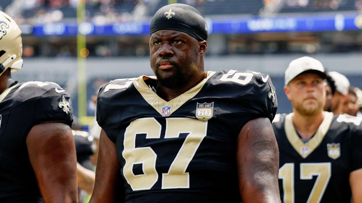 FILE - New Orleans Saints defensive tackle Zxavian Harris attends warmups before an NFL preseason football game against the Los Angeles Rams, Aug. 22, 2026, in Inglewood, Calif.