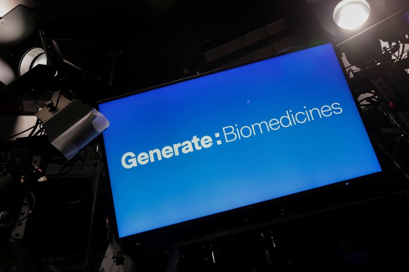 A screen displays the company logo for Generate:Biomedicines during the company's IPO at the Nasdaq MarketSite in New York City, U.S.,February 27, 2026.