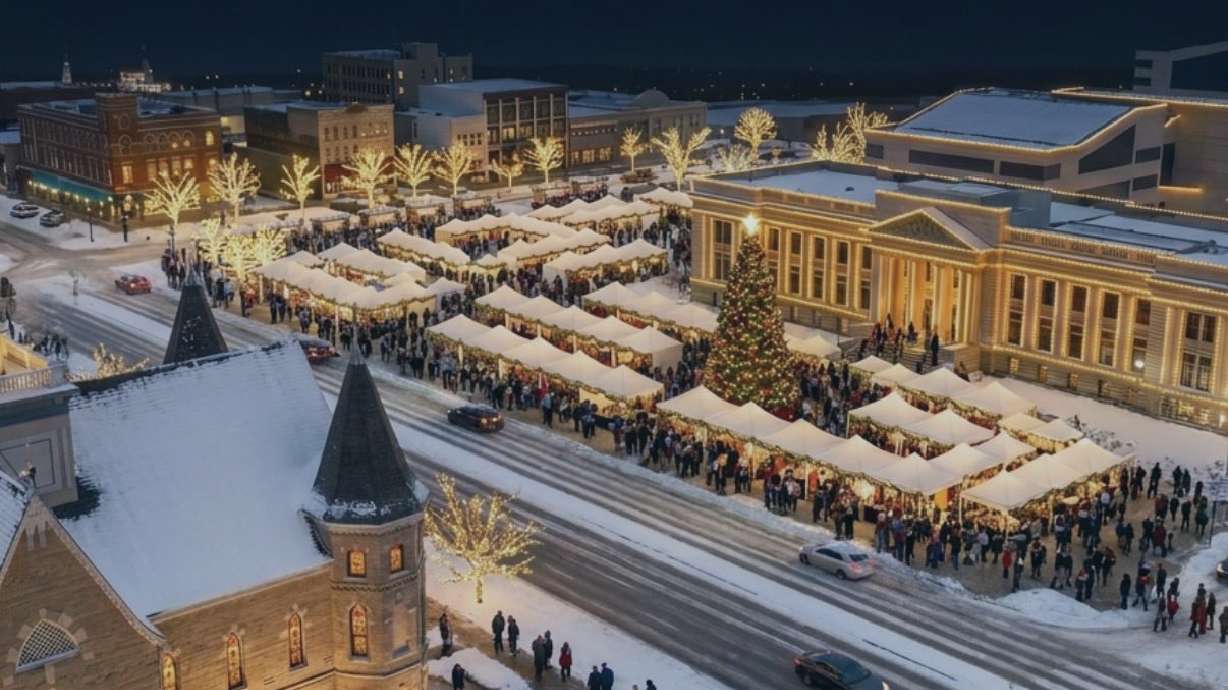 A rendering of the Utah Valley Christkindlmarkt, a European-style Christmas market in downtown Provo planned for this holiday season at the Utah County Historic Courthouse Complex, 51 S. University Avenue.