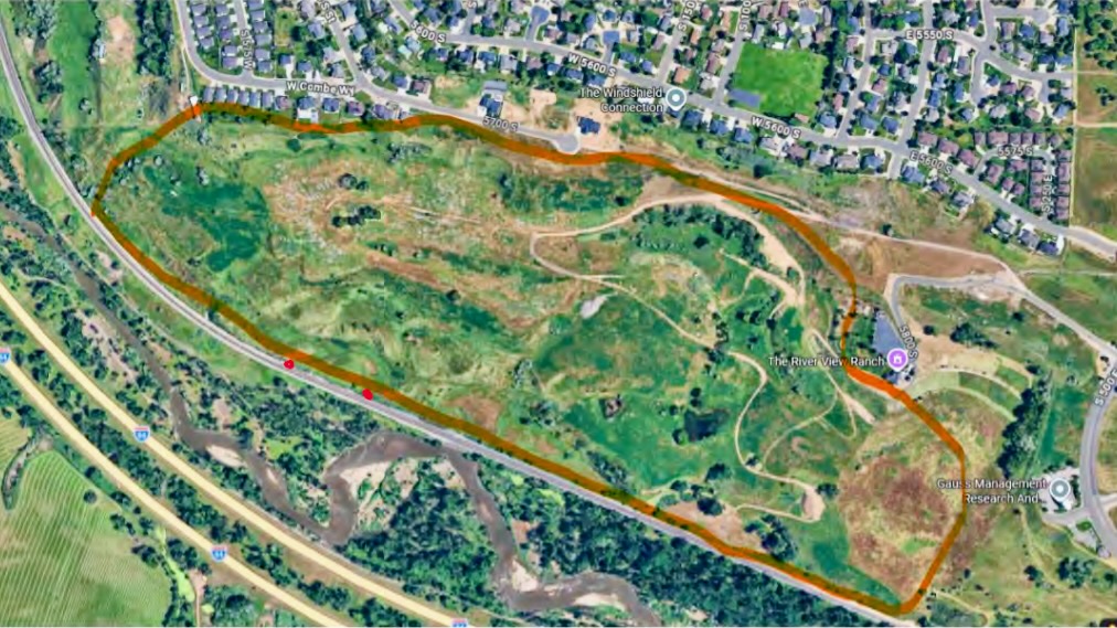 The photo shows the perimeter, in orange, of the deadly July 27 fire in Washington Terrace in Weber County. The two red dots represent where the fire started.