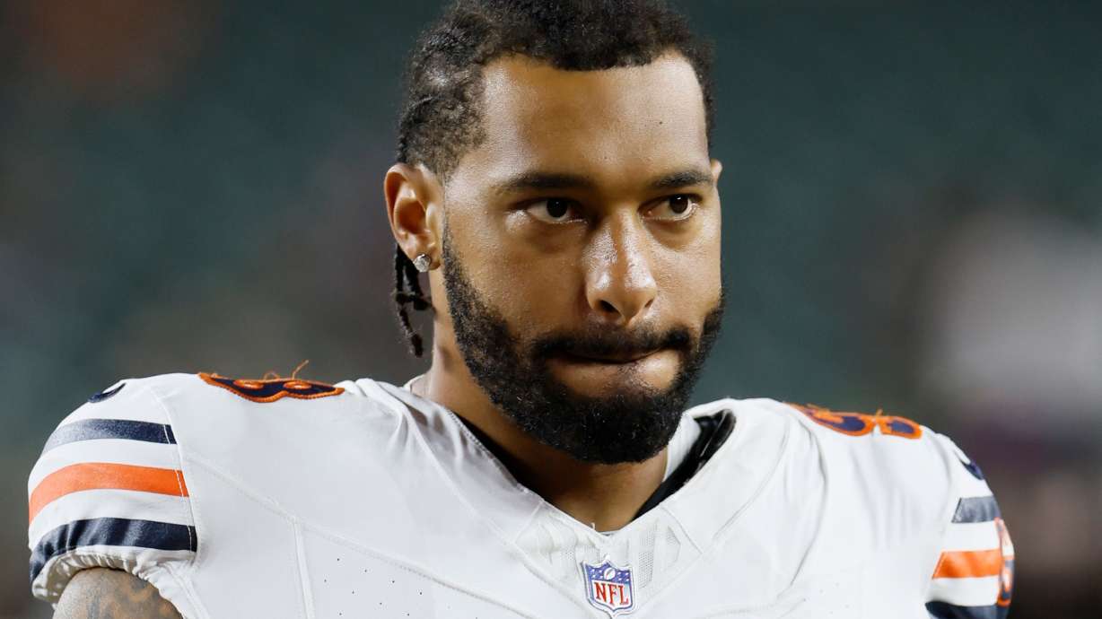 FILE - Chicago Bears defensive lineman Montez Sweat leaves the field after an NFL preseason football game against the Cincinnati Bengals in Cincinnati, Aug. 22, 2026.