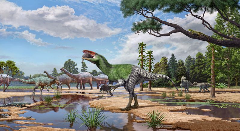 The meat-eating dinosaur Invictibellatrix amberina feeds on a mammal while grasping another in its ecosystem alongside other dinosaurs and other kinds of animals on the Isle of Wight, United Kingdom, in the Cretaceous Period around 120 million years ago, in this illustration released on October 13, 2026. Sergey Krasovskiy and Pedro Salas/Handout via REUTERS