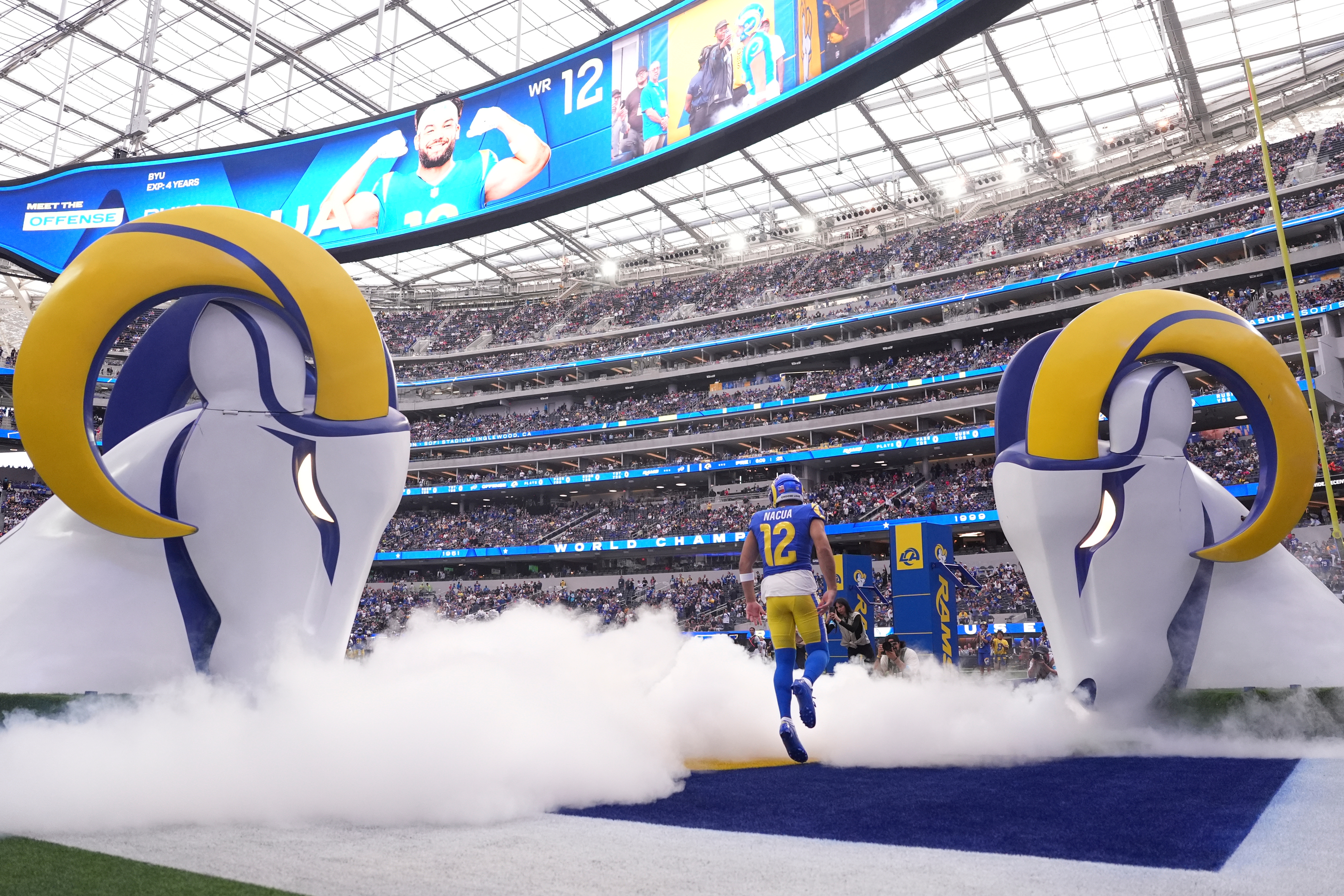Los Angeles Rams wide receiver Puka Nacua takes the field prior to an NFL football game against the Buffalo Bills, Monday, Oct. 12, 2026, in Inglewood, Calif. 