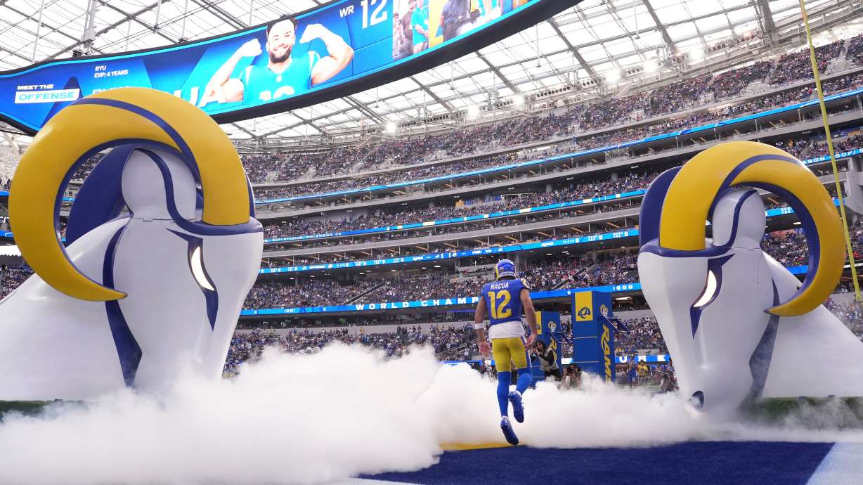 Los Angeles Rams wide receiver Puka Nacua takes the field prior to an NFL football game against the Buffalo Bills, Monday, Oct. 12, 2026, in Inglewood, Calif.