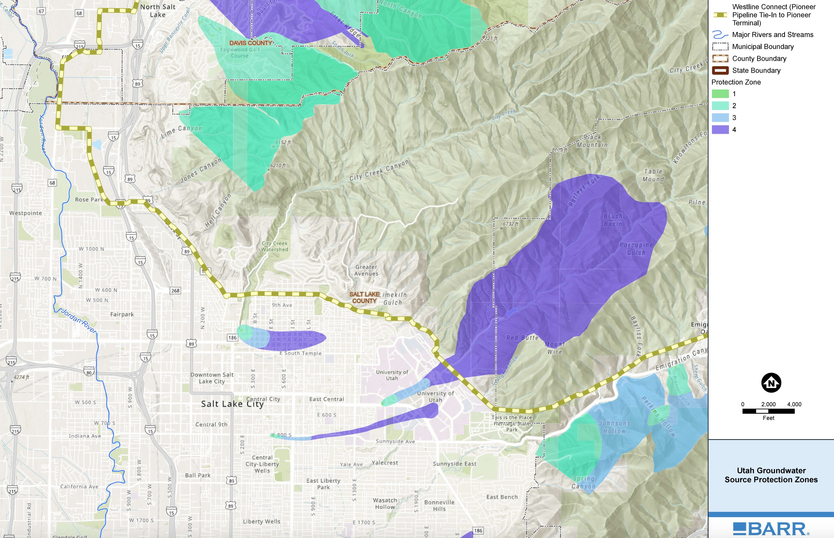 A map showing the proposed route of the Westline Connect pipeline through Salt Lake City. The route could go through changes before potential construction beginning in 2028.