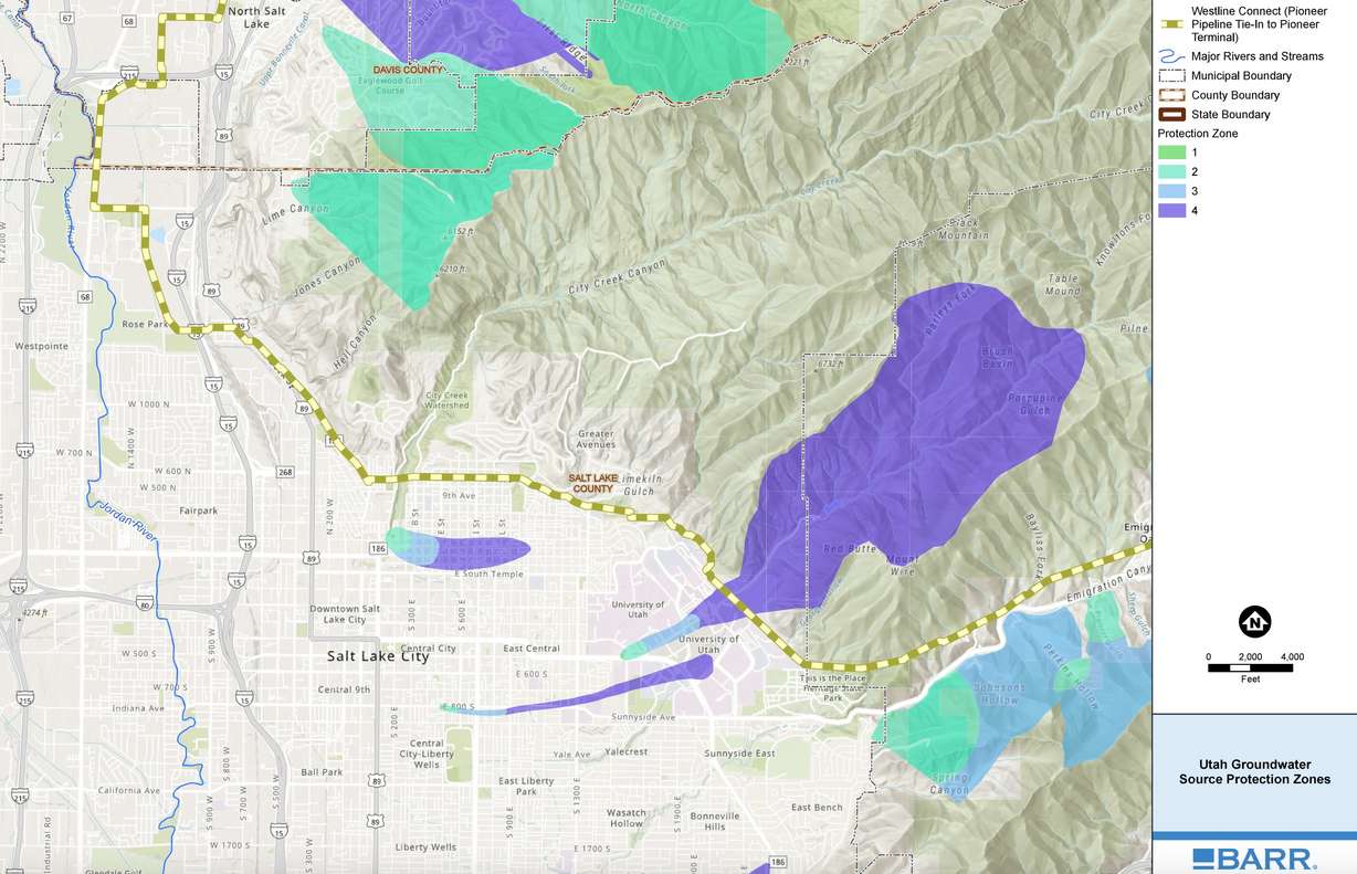 A map showing the proposed route of the Westline Connect pipeline through Salt Lake City. The route could go through changes before potential construction beginning in 2028.