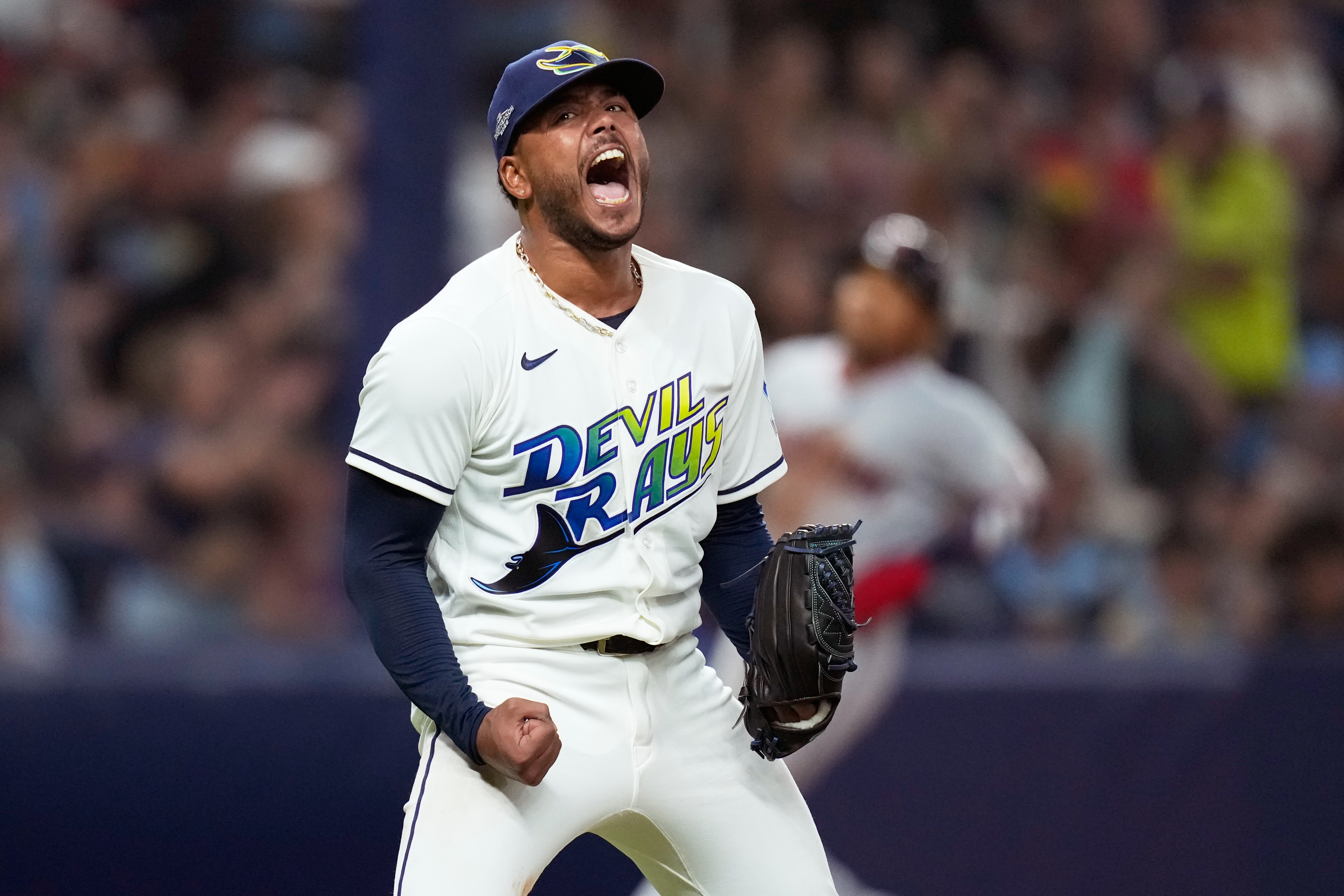 Tampa Bay Rays pitcher Freddy Peralta celebrates the last out in the top of the fifth inning in Game 2 of an American League Championship Series baseball game against the Cleveland Guardians in St. Petersburg, Fla. Tuesday, Oct. 13, 2026. 