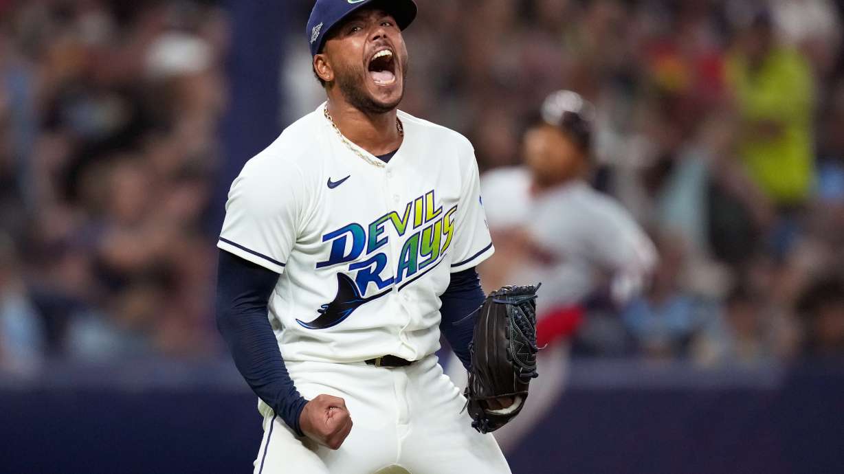 Tampa Bay Rays pitcher Freddy Peralta celebrates the last out in the top of the fifth inning in Game 2 of an American League Championship Series baseball game against the Cleveland Guardians in St. Petersburg, Fla. Tuesday, Oct. 13, 2026.