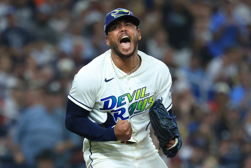 Oct 13, 2026; St. Petersburg, Florida, USA;  Tampa Bay Rays pitcher Freddy Peralta (51) reacts after pitching against the Cleveland Guardians during the sixth inning in game two of the ALCS for the 2026 MLB Playoffs at Tropicana Field. Kim Klement Neitzel-Imagn Images