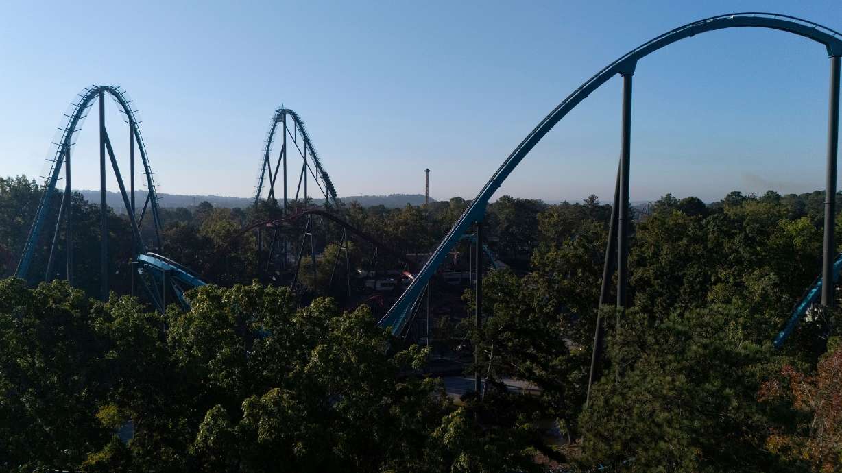 Attractions are seen at Six Flags Over Georgia, about 15 miles (24 kilometers) northwest of Atlanta, Tuesday, Oct. 13, 2026.