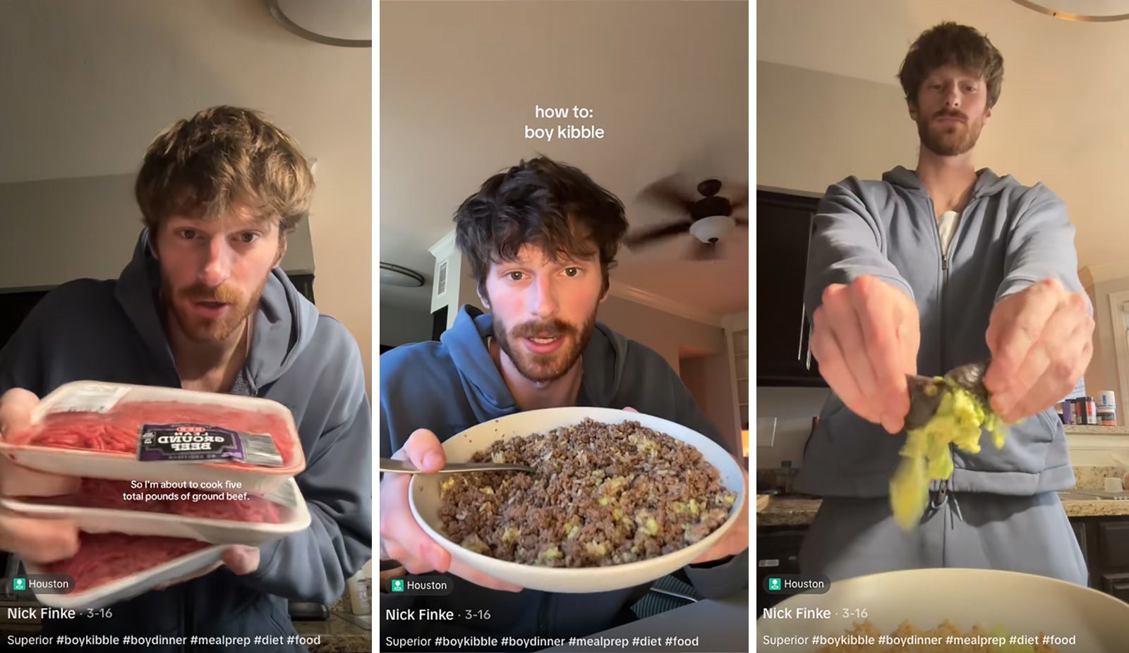 "Boy kibble" connoisseur Nick Finke prefers to keep it simple with his high-protein meal prep.