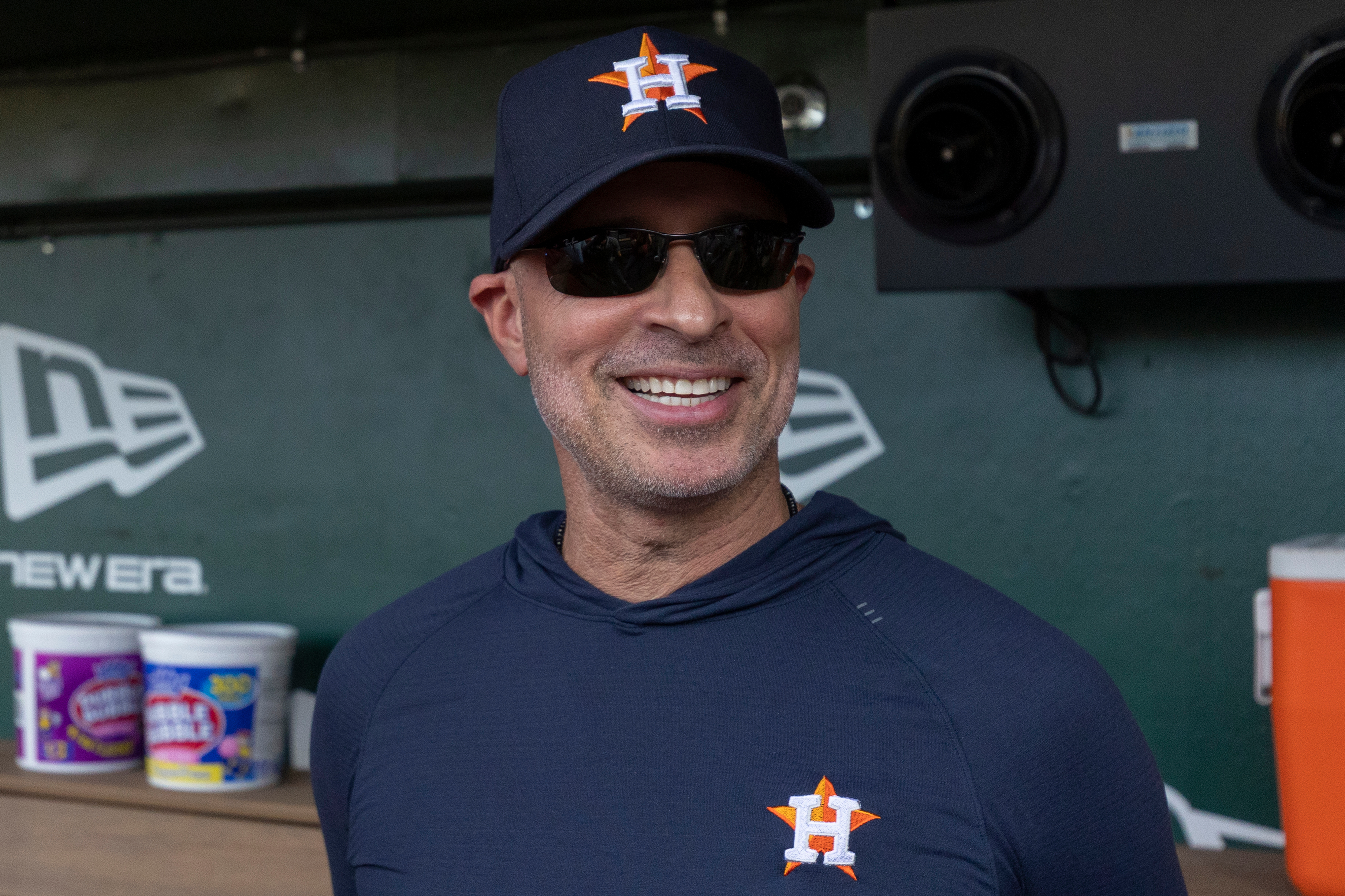 Houston Astros manager Joe Espada interviews with media before a baseball game against the Athletics, Saturday, Sept. 26, 2026, in West Sacramento, Calif. 
