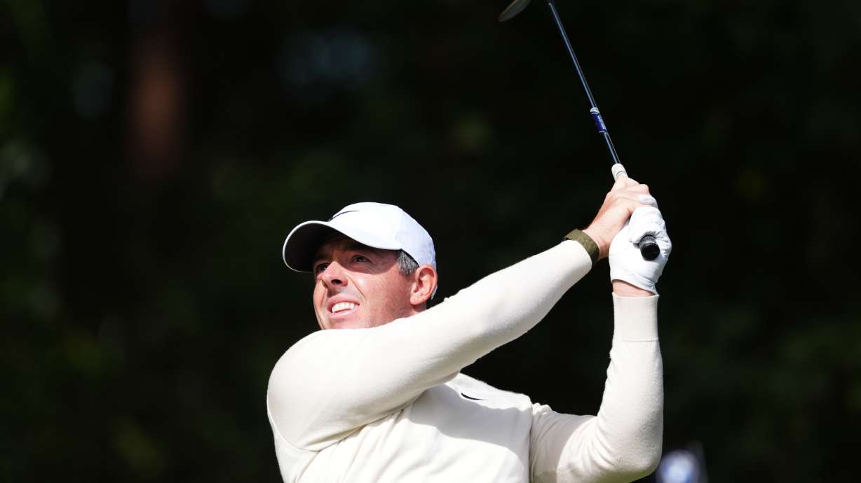Rory McIlroy of Northern Ireland on the 2nd tee on day four of the PGA Championship at Wentworth Golf Club in Virginia Water, England, Sunday Sept. 20, 2026.