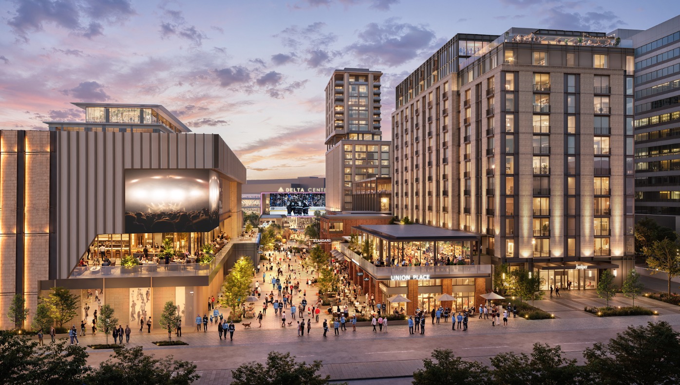 A rendering of Smith Entertainment Group's and Salt Lake County's plans for the "sports, entertainment, culture and convention district." Construction is expected to begin next year.