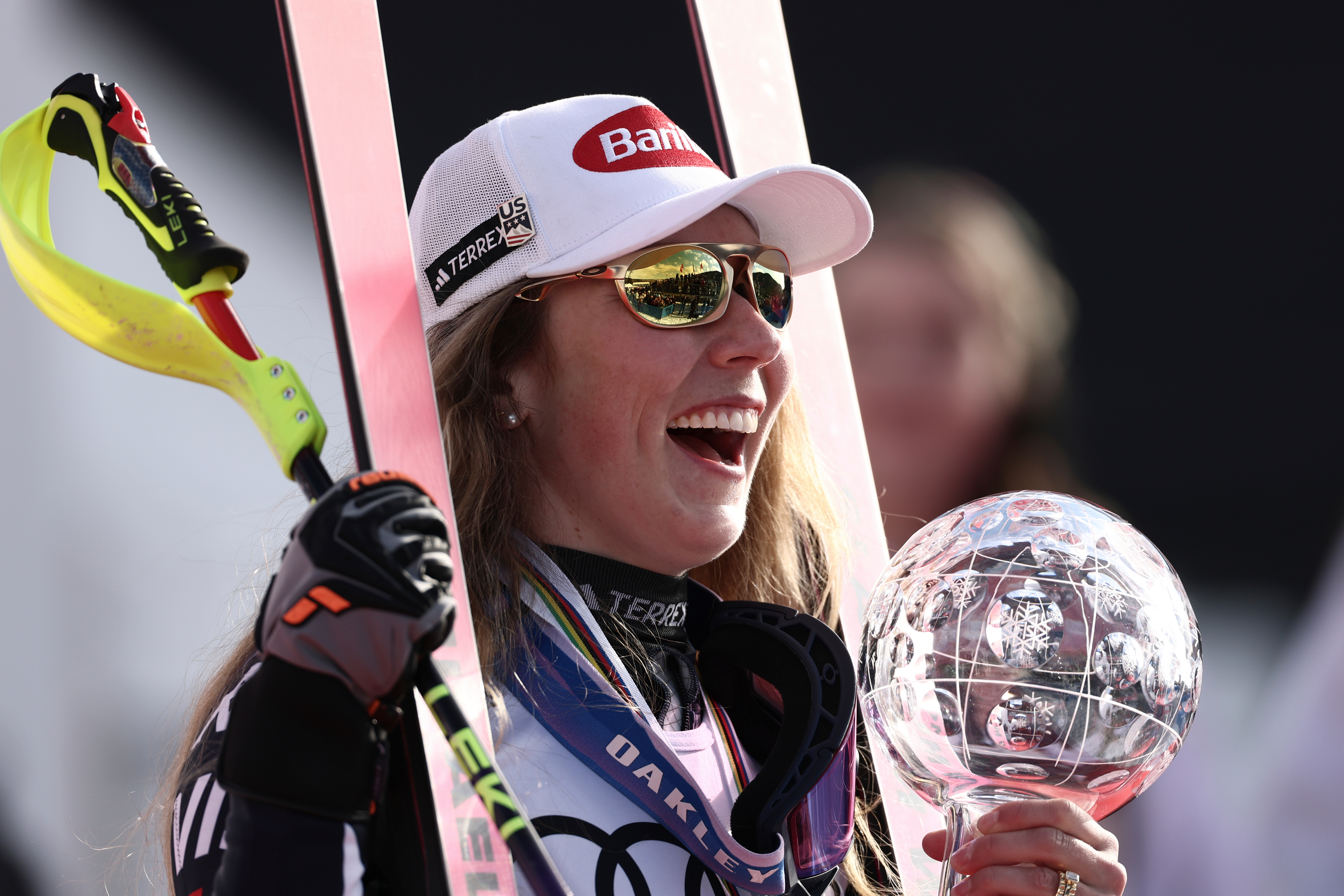FILE - United States' Mikaela Shiffrin celebrates winning the globe trophy for the alpine ski women's slalom discipline at the Lillehammer World Cup Finals in Hafjell, Norway, March 24, 2026. 