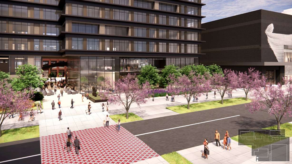 A rendering of a new office building that would be located along 100 South in the historic Japantown street area.