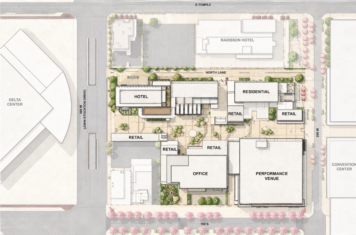 A rendering of Smith Entertainment Group's and Salt Lake County's plans for the "sports, entertainment, culture and convention district." The Japanese Church of Christ and Japantown Street (100 South) are located toward the southern end of it.