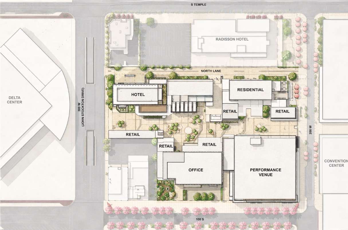 A rendering of Smith Entertainment Group's and Salt Lake County's plans for the "sports, entertainment, culture and convention district." The Japanese Church of Christ and Japantown Street (100 South) are located toward the southern end of it.