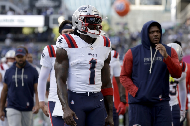 Sep 9, 2026; Seattle, Washington, USA;  New England Patriots wide receiver A.J. Brown (1) leaves the field after warm ups with linebacker Namdi Obiazor (48) before a game against the Seattle Seahawks at Lumen Field.  Joe Nicholson-Imagn Images/File Photo