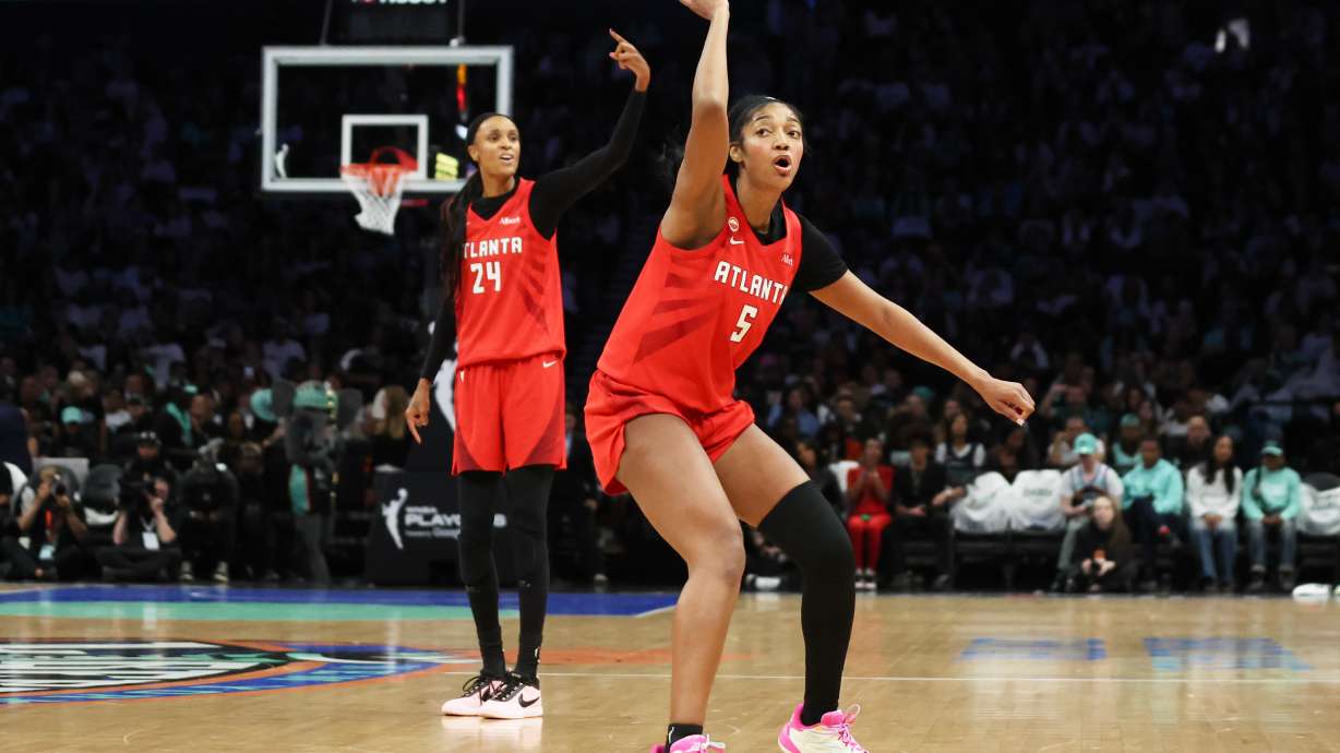 Atlanta Dream forward Angel Reese (5) and DeWanna Bonner (24) ask for a review during the second half of Game 3 of the WNBA basketball semifinals against the New York Liberty, Friday, Oct. 9, 2026, in New York.