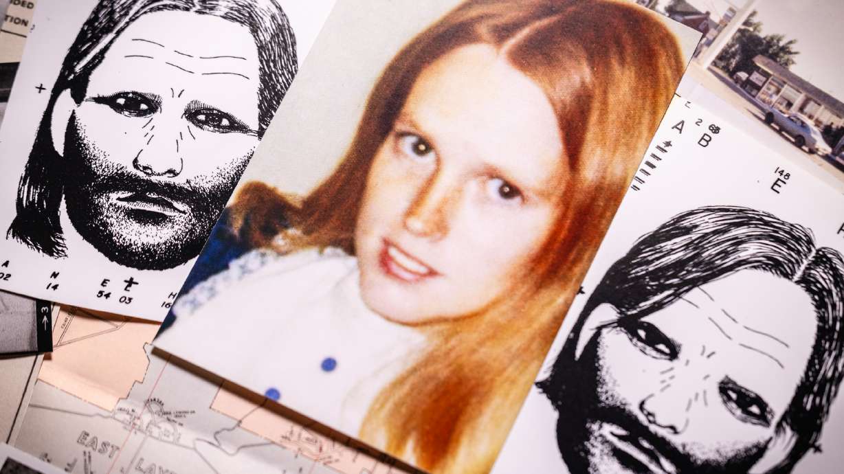 Photo illustration depicting Nancy Perry Baird circa 1970, surrounded by two Identikit composite images of "hippie type" men who were seen speaking with Baird moments before she disappeared on July 4, 1975. Davis County Sheriff Kelly Sparks has two significant connections to the 1975 cold case disappearance of Nancy Perry Baird from East Layton.