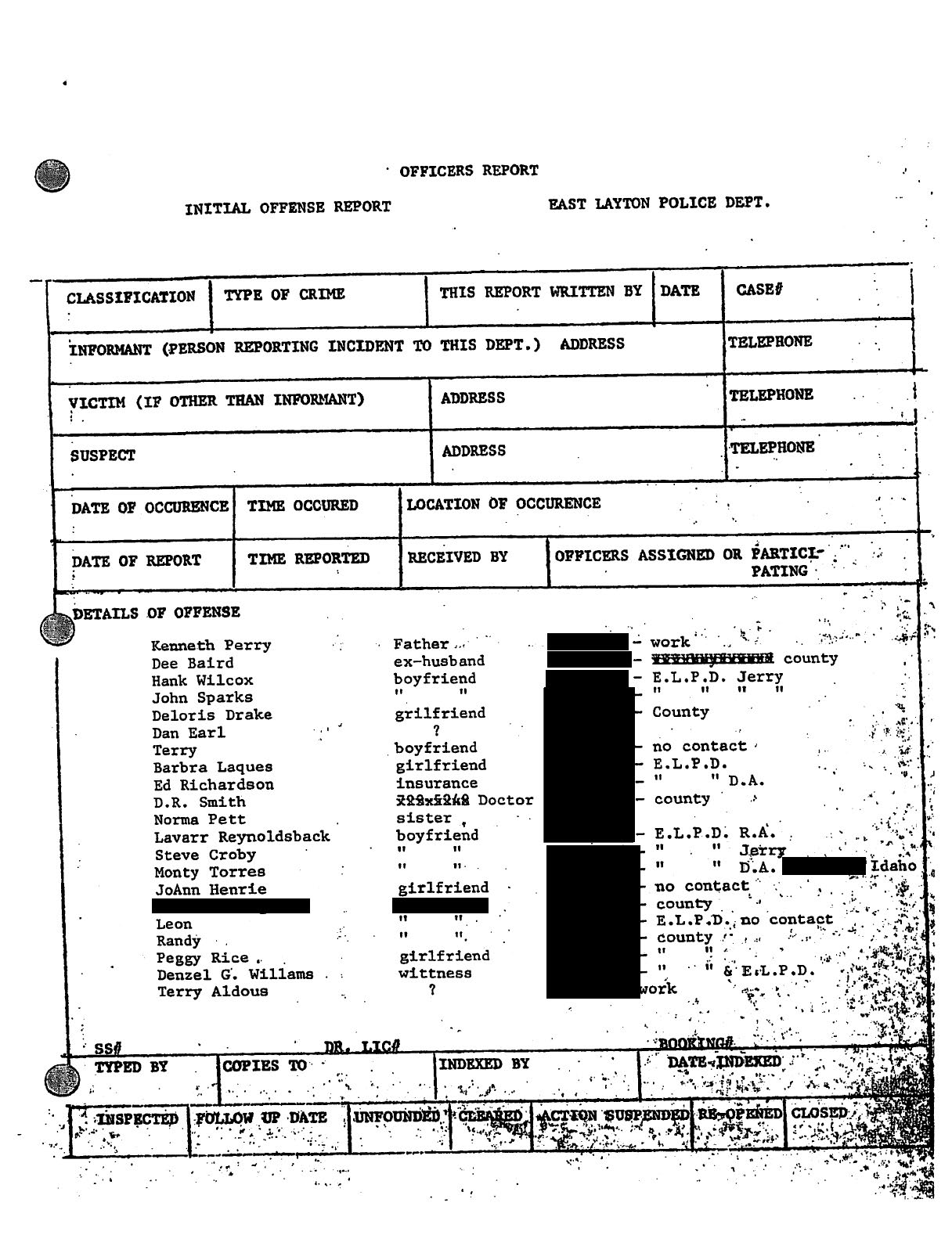 A redacted page from the East Layton Police Department case file for the July 4, 1975 disappearance of Nancy Perry Baird listed John Sparks as a "boyfriend" of Baird's.