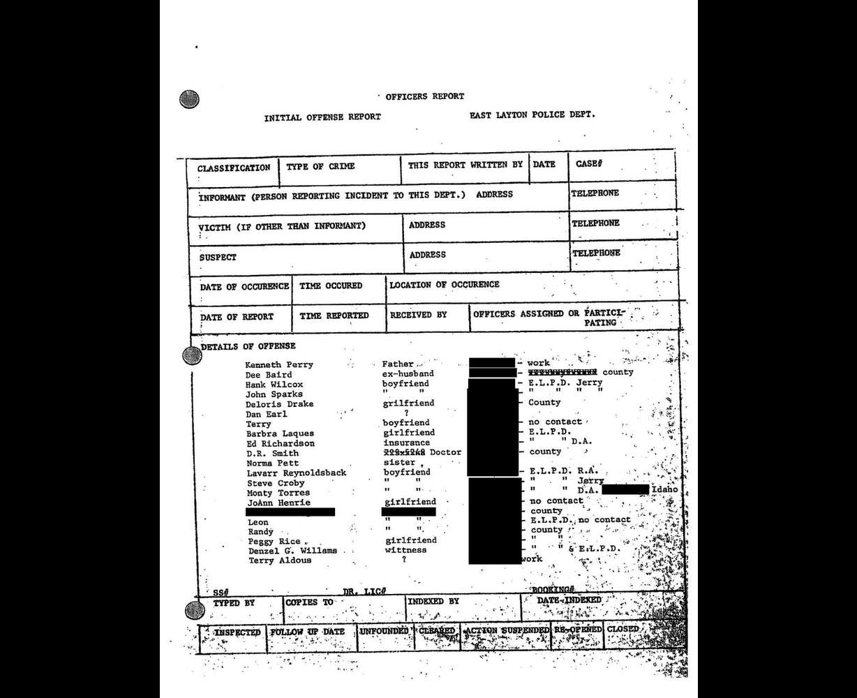 A redacted page from the East Layton Police Department case file for the July 4, 1975 disappearance of Nancy Perry Baird listed John Sparks as a "boyfriend" of Baird's.
