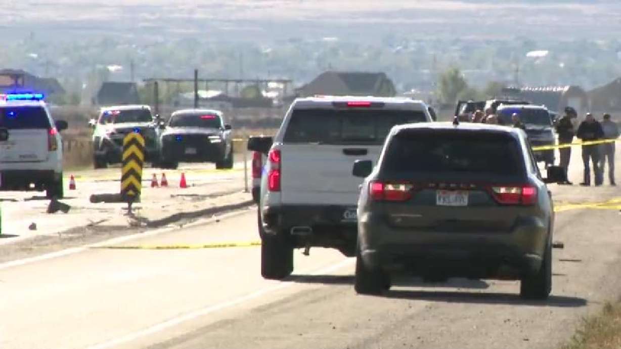 A crime scene is pictured after an officer-involved shooting near Erda in Tooele County on Wednesday, Oct. 14, 2026.
