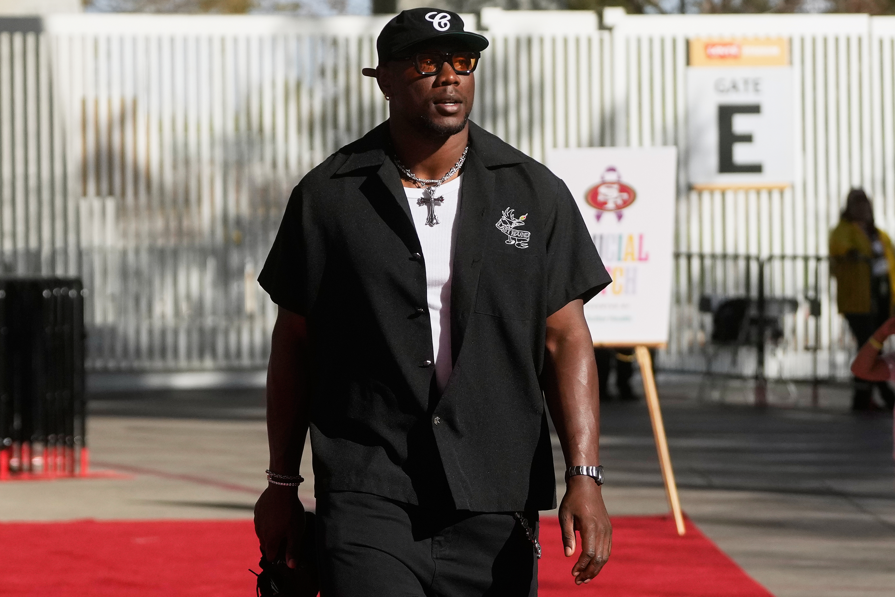 FILE - San Francisco 49ers defensive end Keion White arrives before an NFL football game against the Denver Broncos in Santa Clara, Calif., on Oct. 4, 2026. 